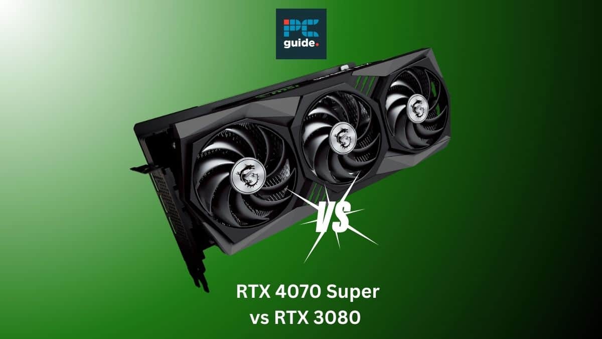 RTX 4080 Super vs RTX 3080. Image shows the RTX 3080 below the PC guide logo on a green background