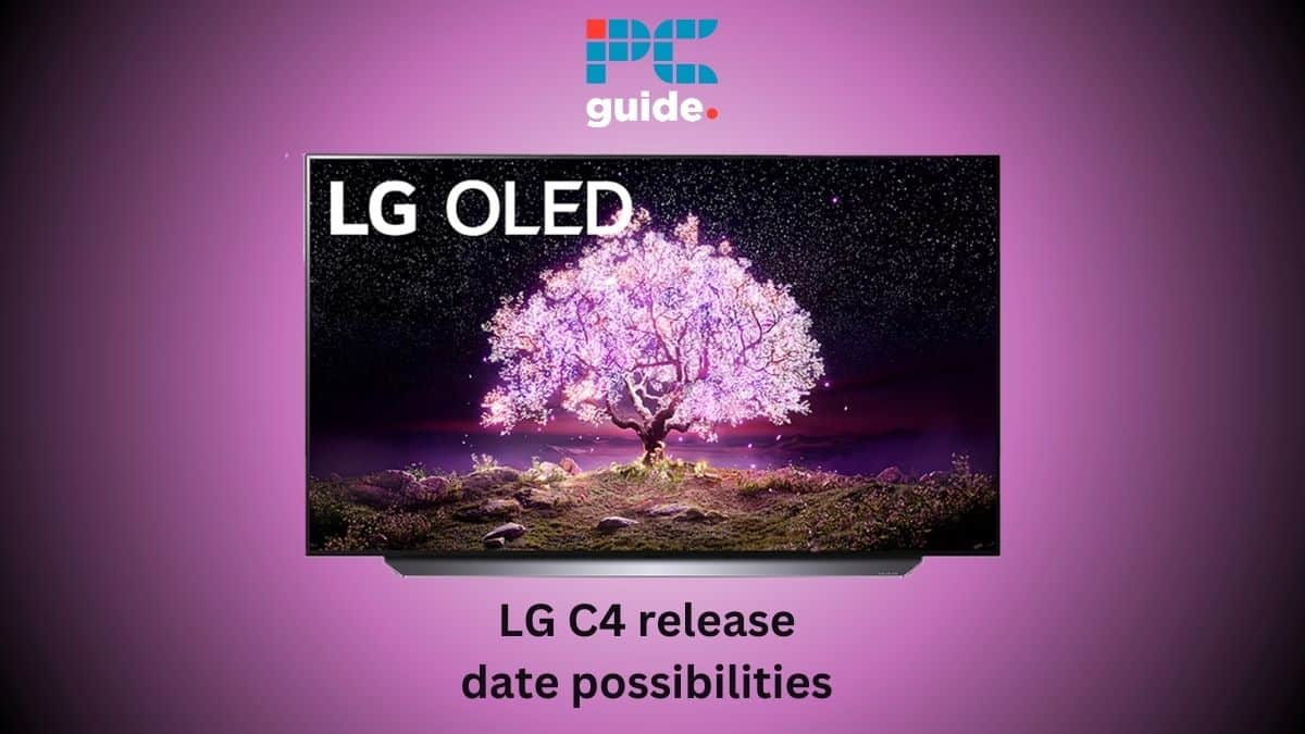 LG OLED release date possibilities for the LG C4. Image shows an LG TV on a pink background below the PC guide logo