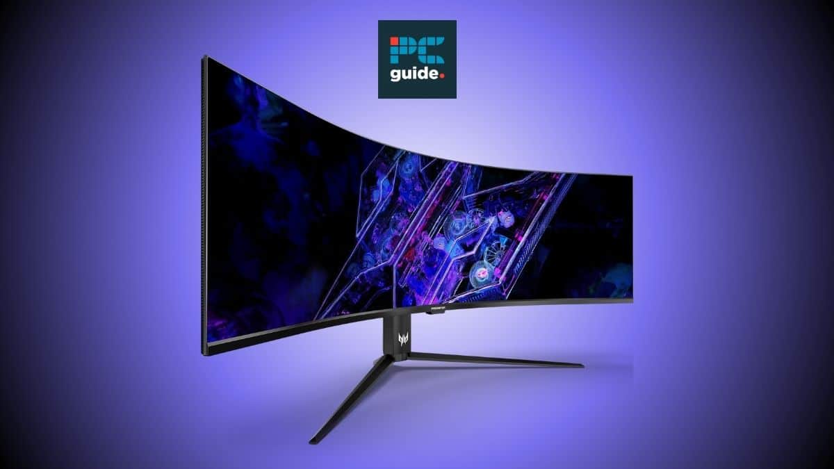 The Acer Z57 monitor, with its sleek curved design, provides an immersive viewing experience. Whether you are working or gaming, this monitor's blue background enhances visual clarity and reduces eye strain. Image shows an Acer monitor below the PC guide logo, on a blue background
