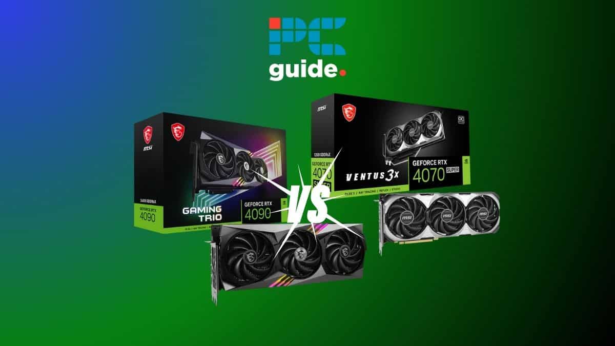 Msi geforce gtx 1070 gtx 1070 with powerful performance. Image shows the RTX 4070 super and RTX 4090 on a green background below the PC guide logo