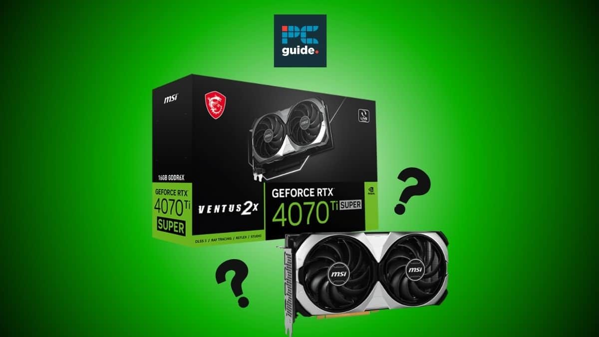 Comparing the Msi GeForce RTX 480 to the RTX 480, focusing on their performance and features. Image shows the RTc 4070 Ti Super below the PC guide logo on a green background