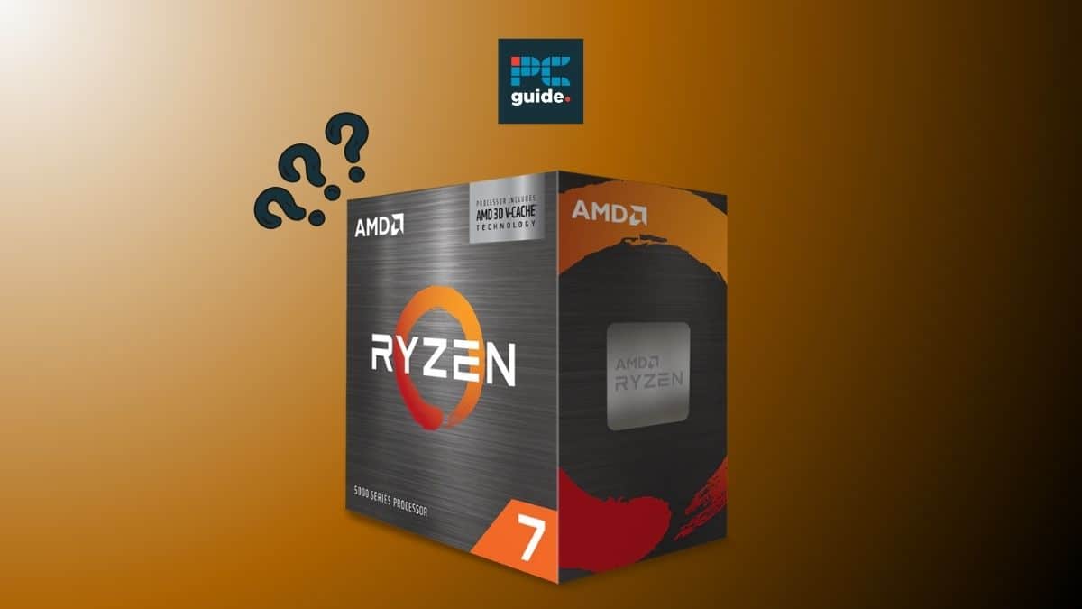 A box with an AMD CPU and a question mark on it, searching for the best CPU cooler for Ryzen 7 5700X3D. Image shows the Ryzen 7 5700X3D on an orange background below the PC guide logo