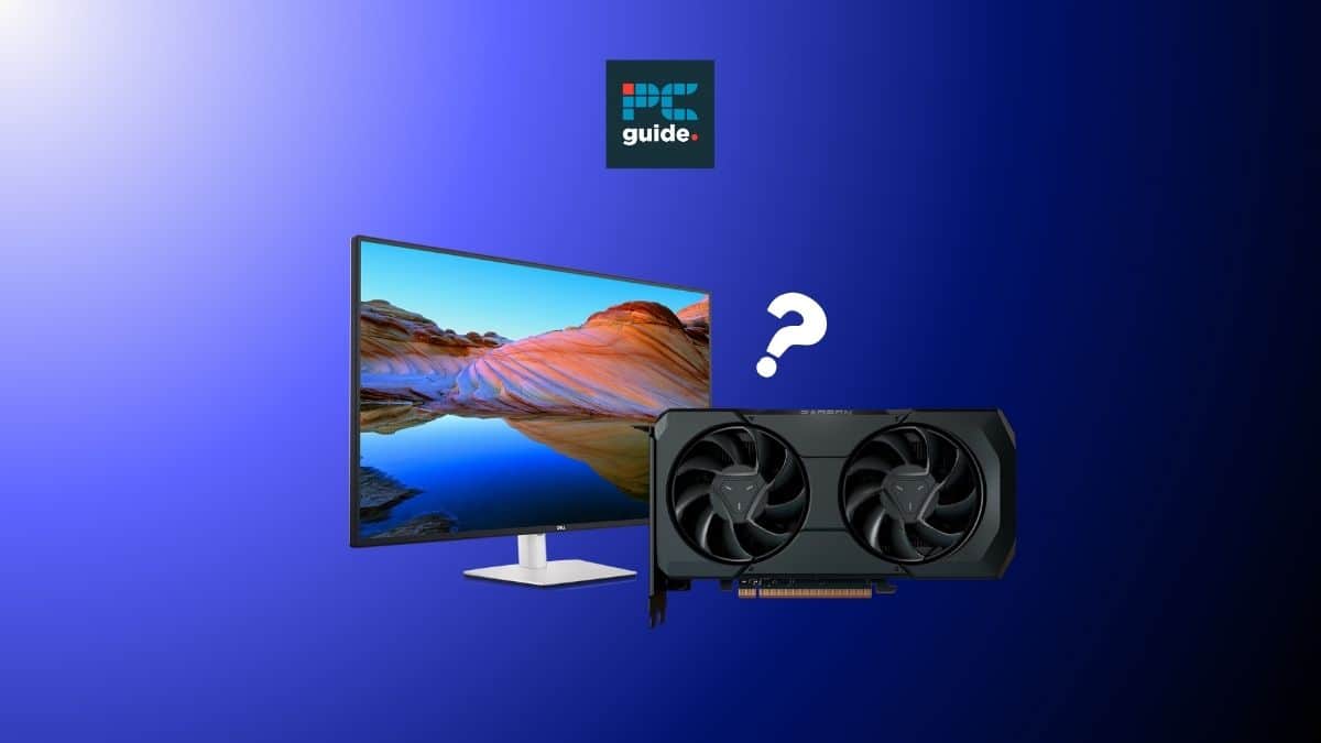 A gaming monitor with a question mark on it. Image shows RX 7600 XT and a DELL monitor on a blue background under the PC guide logo