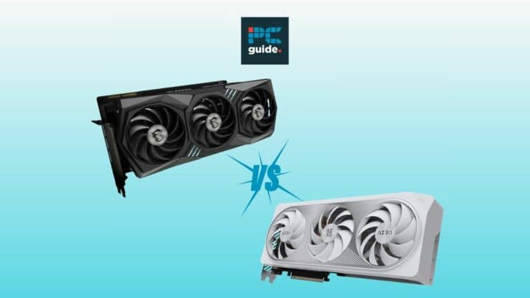 Comparing the performance of RTX 4070 Ti Super vs RTX 3060 in gaming. Image shows two GPUs on a blue background below the Pc guide logo