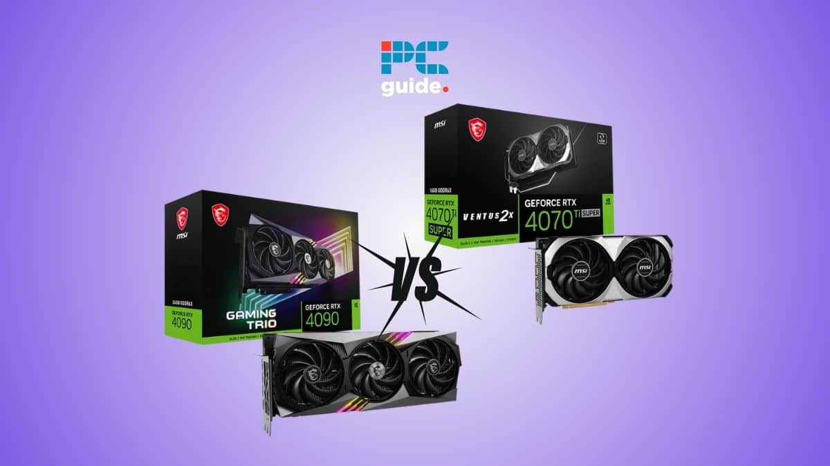 Msi geforce gtx 1070 RTX 4070 Ti Super vs RTX 4090. Image shows two GPUs on a purple background under the PC guide logo