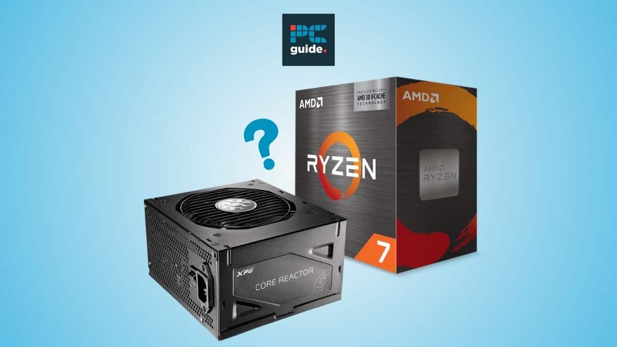 The comparison between the AMD Radeon R9 290X and AMD Ryzen 7 showcases their performance and capabilities, while also taking into consideration the importance of having the best PSU. image shows a PSU next to the Ryzen 7 5700X3D on a blue background under the Pc guide logo