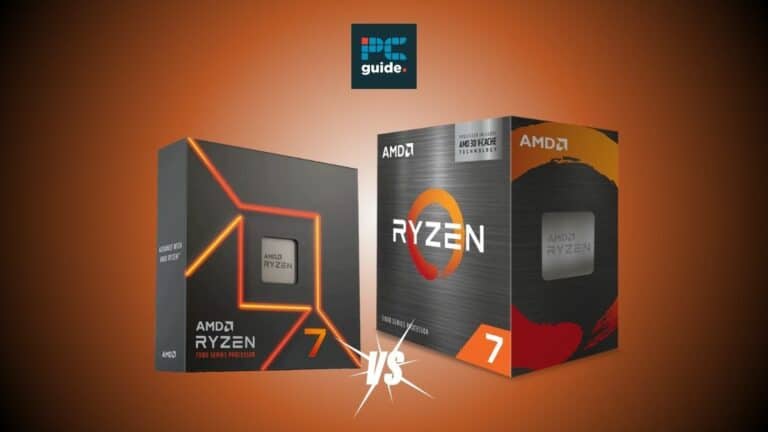 Amd Ryzen 7 2700X vs amd fx ryzen 7 2700x. Image shows two Ryzen cpus on a orange background below the PC guide logo
