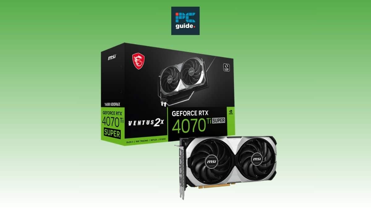Msi RTX 480 GTX 480. Image shows the rTX 4070 Ti Super on a green background under the PC guide