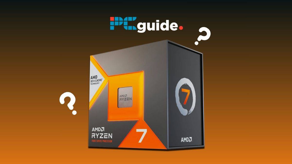Comparing the performance of AMD Ryzen with noise reduction implemented using a CPU cooler. Image shows the Ryzen 7 7800X3D on a orange background below the Pc guide logo