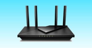 A black TP-Link WiFi 6 router on a blue background.