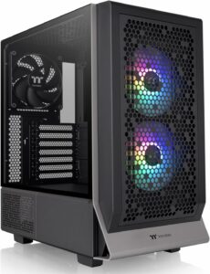 The Thermaltake Ceres 300, a sleek black computer case with two fans on it.