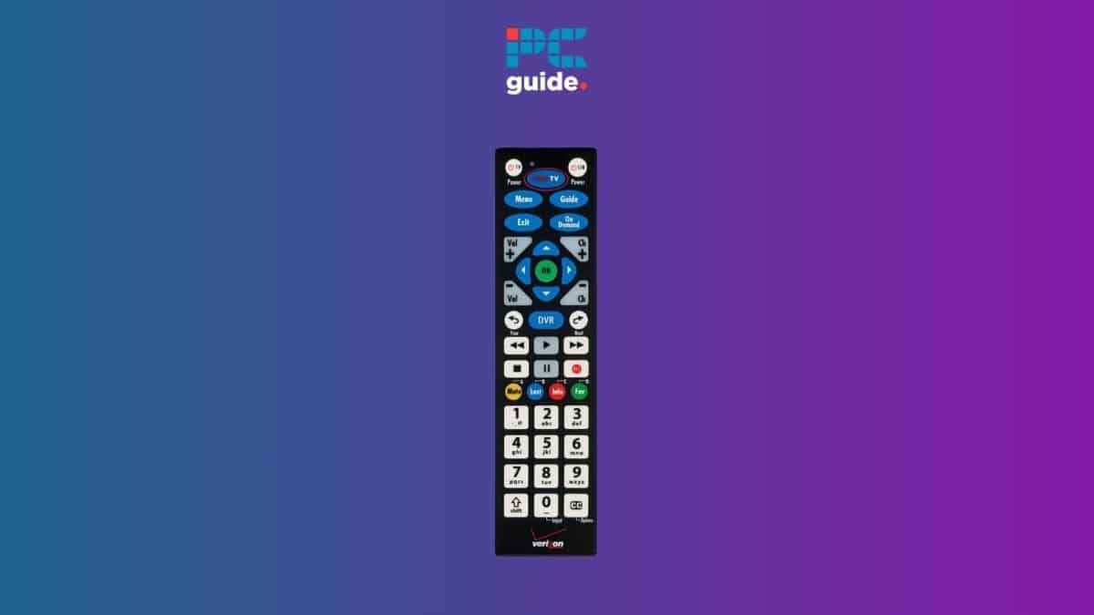 A colorful Verizon Fios television remote control with various buttons displayed against a dual-tone blue and purple background.