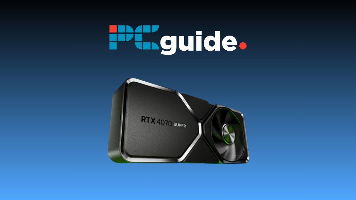 The pc guide logo showcasing where to buy the RTX 4070 Ti Super, on a blue background.