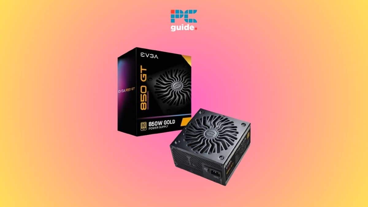 An EVGA 850 GT 850W Gold power supply unit, touted as the best PSU for Ryzen 7 5700X3D, is shown next to its packaging against a gradient pink and orange background with a "PC guide" logo at the top.