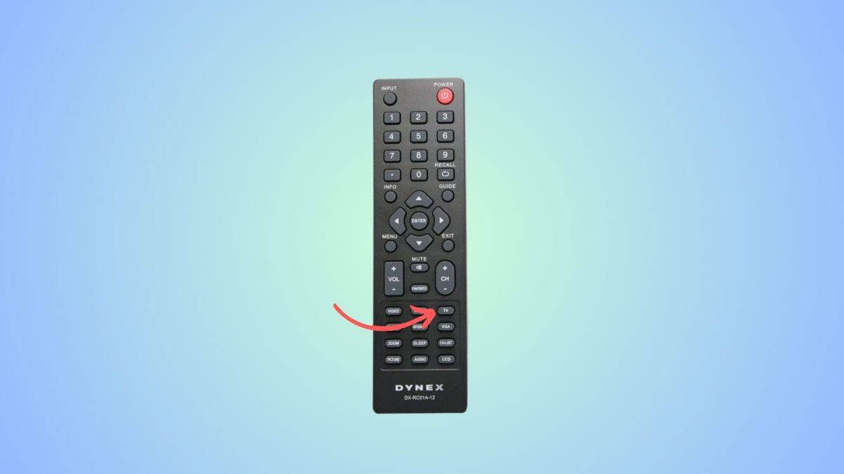 Dynex TV remote control with arrow showing TV button