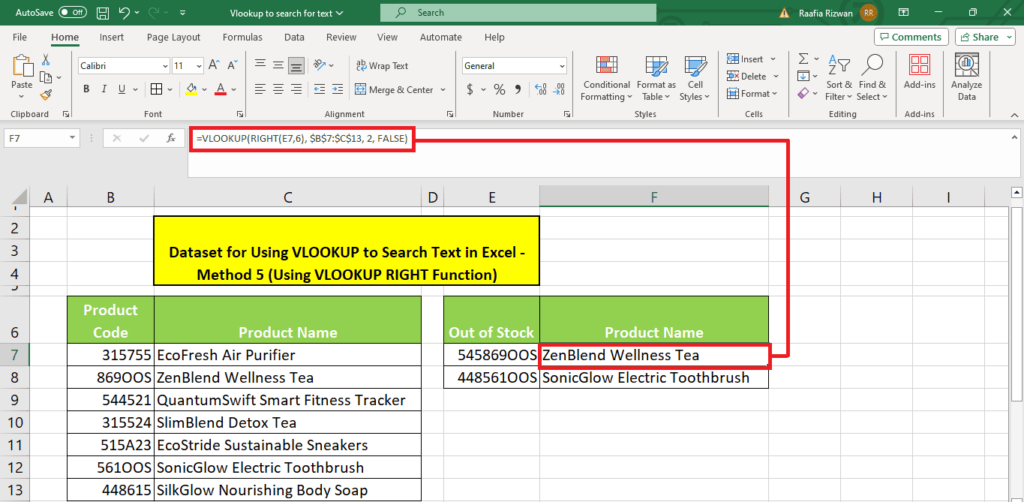 A screen shot of a Microsoft Excel spreadsheet showcasing the VLOOKUP function being used to search text within the cells.