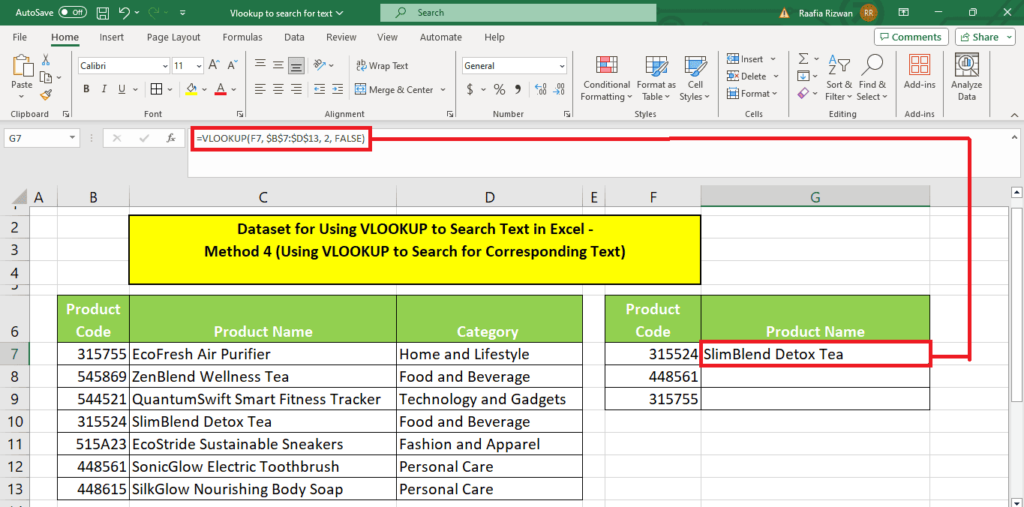 A screenshot of a Microsoft Excel spreadsheet showcasing the use of VLOOKUP function to search text.