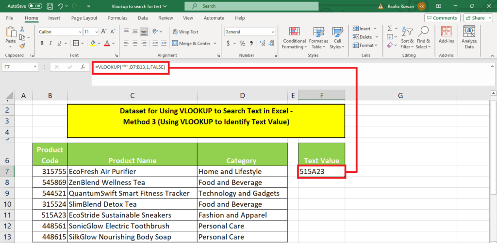 A screenshot of a Microsoft Excel spreadsheet showcasing a VLOOKUP function used to search text.