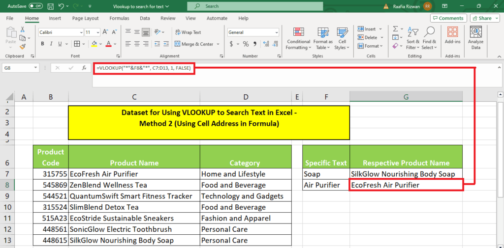 A screenshot of a Microsoft Excel spreadsheet showcasing the VLOOKUP function being used to search text.