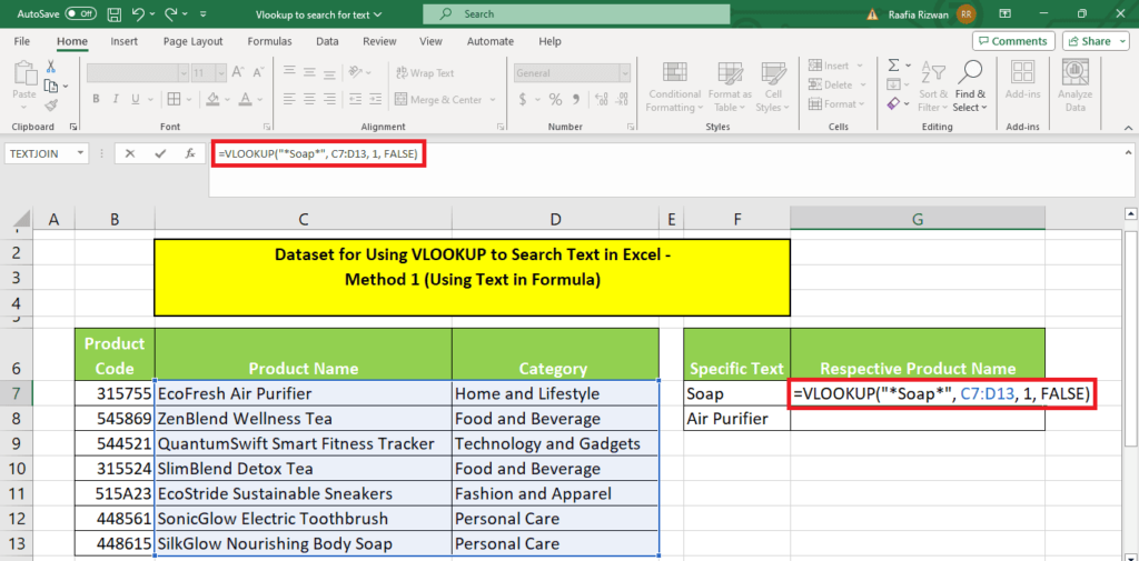 A screenshot of a Microsoft Excel spreadsheet showcasing the powerful VLOOKUP function used to search and retrieve specific text.