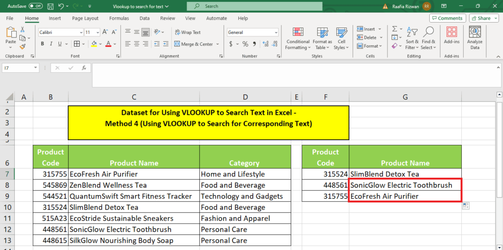 A screenshot of a Microsoft Excel spreadsheet demonstrating the VLOOKUP function to search text.