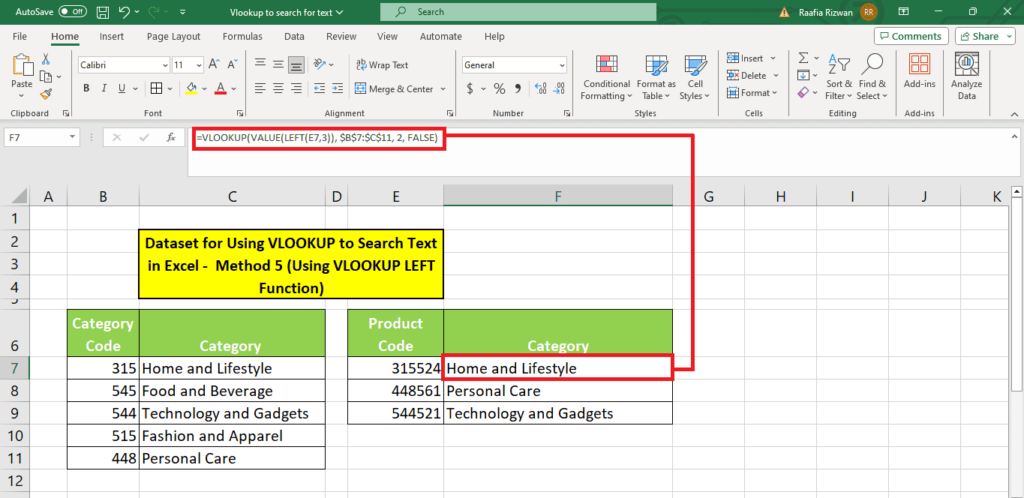 A screen shot of an Excel spreadsheet featuring the VLOOKUP function to search text.