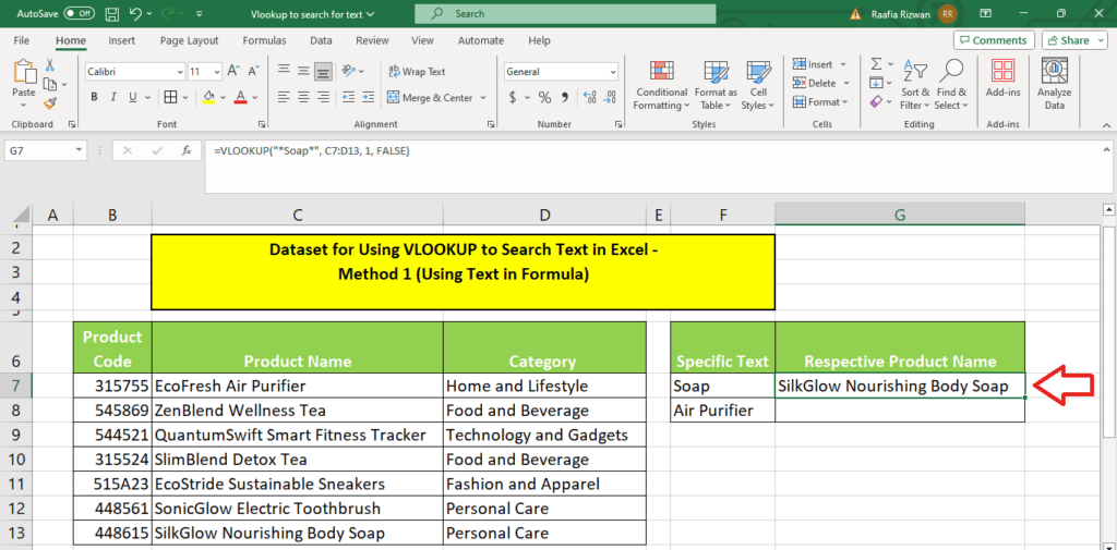 A screenshot of a Microsoft Excel spreadsheet demonstrating the VLOOKUP function for searching text.