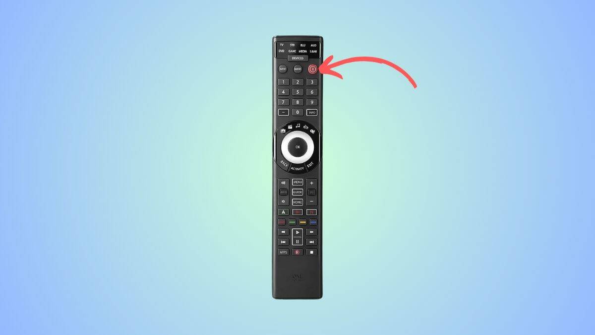 One for all remote with an arrow pointing at the power button