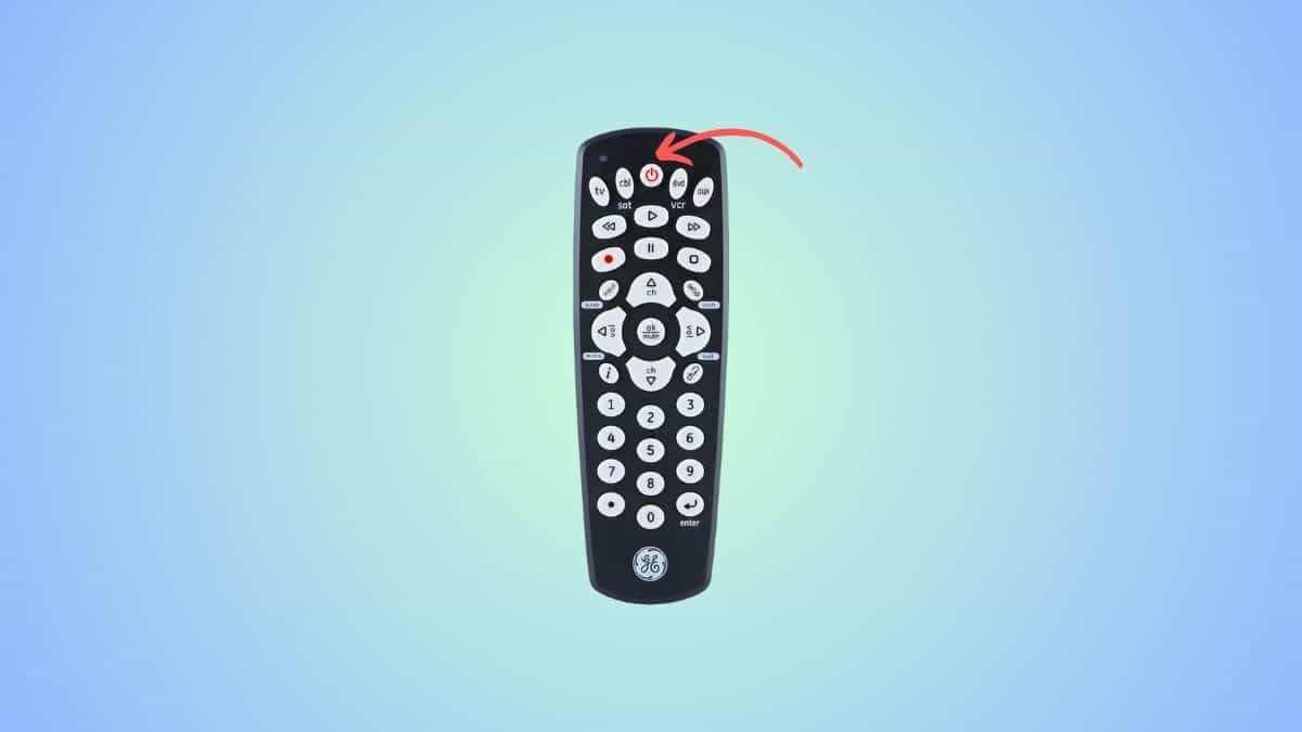 Universal remote programming for seiki tv with a red arrow pointing at power button