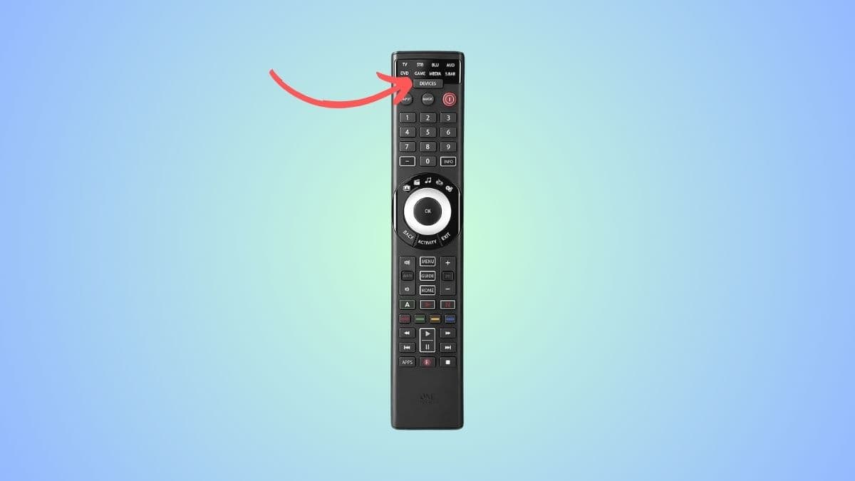 One for all remote with an arrow pointing at the device button