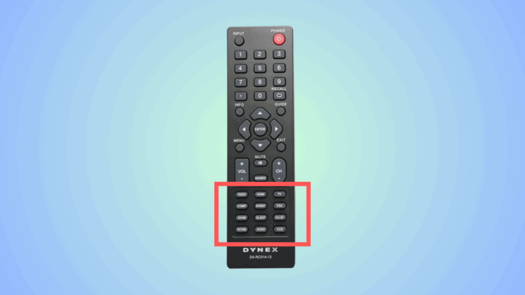 A close-up of a Dynex TV remote control with the device buttons highlighted