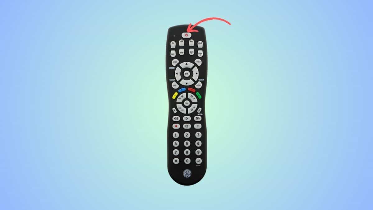 A universal remote compatible with vizio tv with an arrow showing the power button
