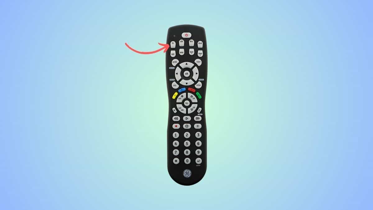 A universal remote compatible with vizio tv with an arrow showing the TV button