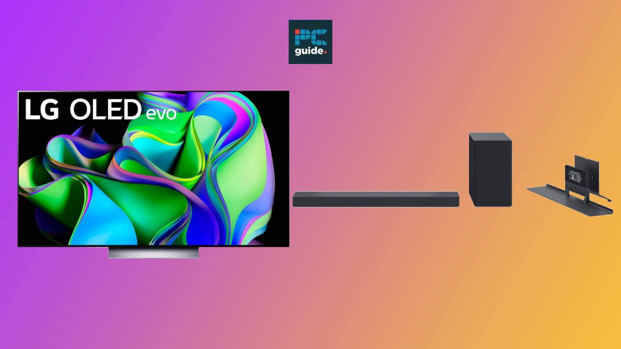 This LG OLED TV features a vibrant purple background.