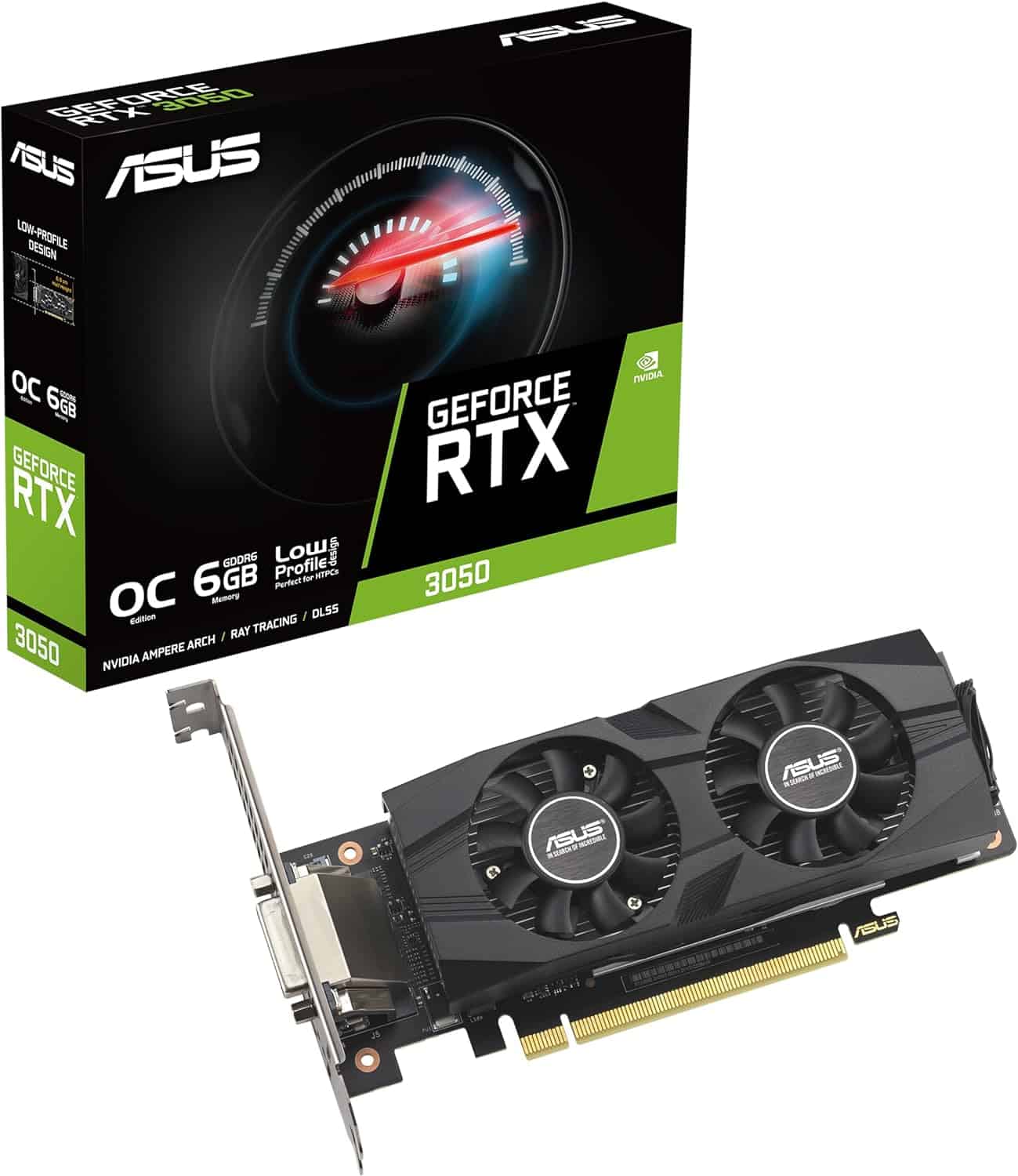 Asus Nvidia RTX 3050 graphics card and its packaging box displaying key features and design.