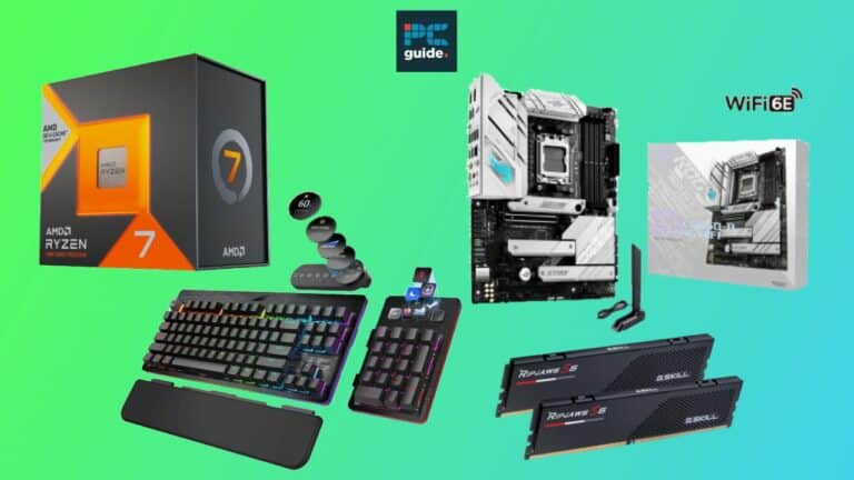 A computer parts and accessories including a gaming keyboard and ASUS ROG Strix B650-A.