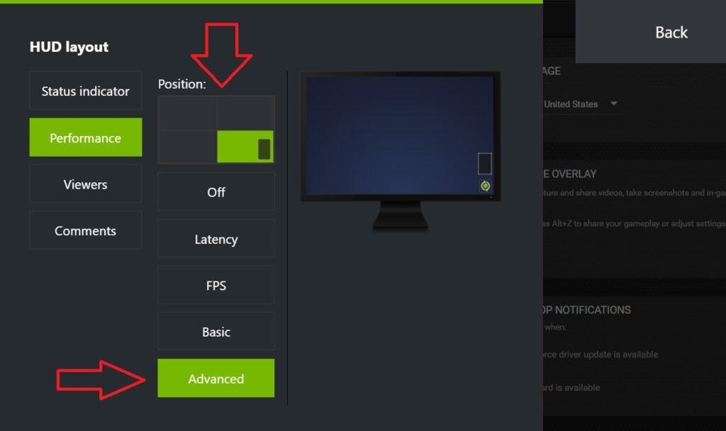 An interface screen displaying settings for hud layout with options for "position," "GPU temperature," and advanced settings selected, indicated by red arrows.