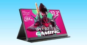 A gaming PC featuring a man wielding a sword.