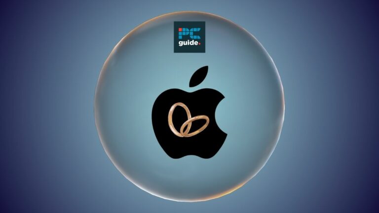 Apple Ring release date prediction, rumored specs, and possible price. Image shows the Apple logo with two rings on underneath the PC Guide logo, on a dark blue gradient background.