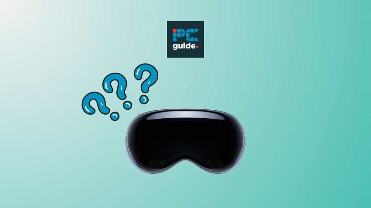 Apple Vision Pro UK, Canada release date speculation. Image shows the Vision Pro goggles next to three question marks on a blue gradient background.