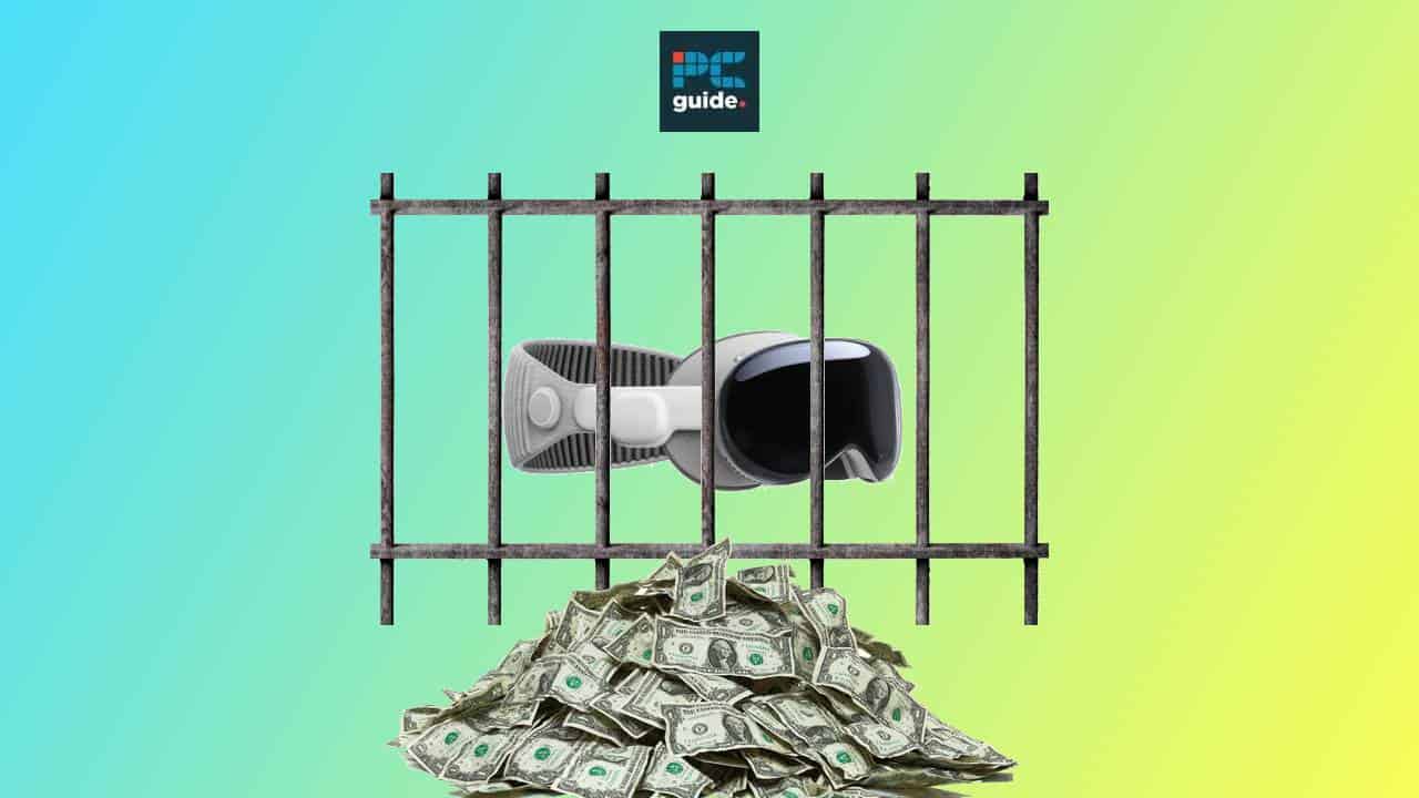 An image of money trapped in a cage with a virtual reality (VR) headset.