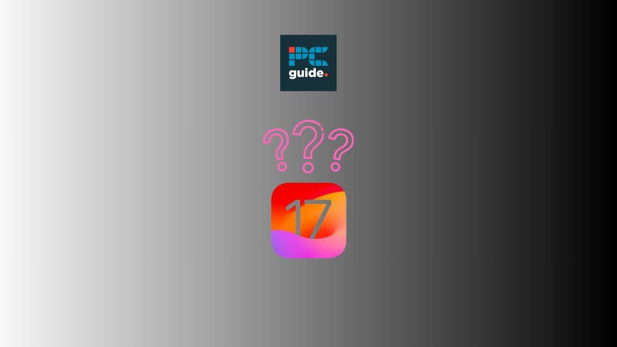 Apple iOS 17.4 release date speculation. Image shows the iOS 17 logo underneath three pink question marks on a grey gradient background.