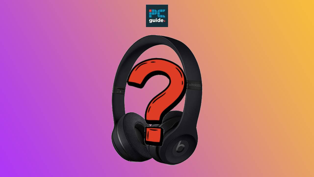 A pair of Beats Solo 4 headphones with a question mark on them.
