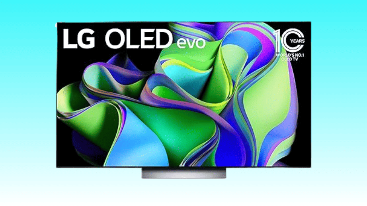 An LG OLED Smart TV from the LG C3 Series on a blue background.