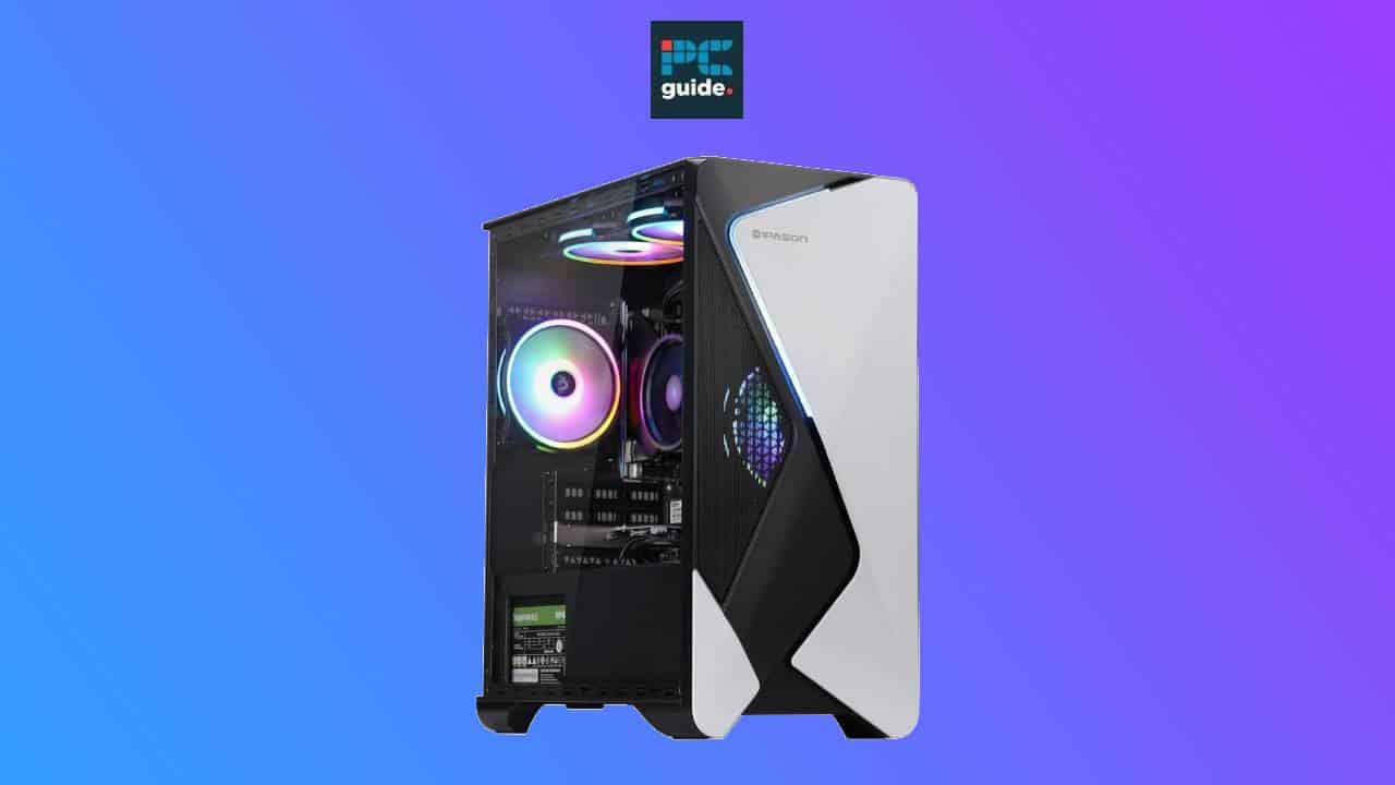 An Auto Draft PC featuring a black and white design highlighted by a captivating blue and purple background.