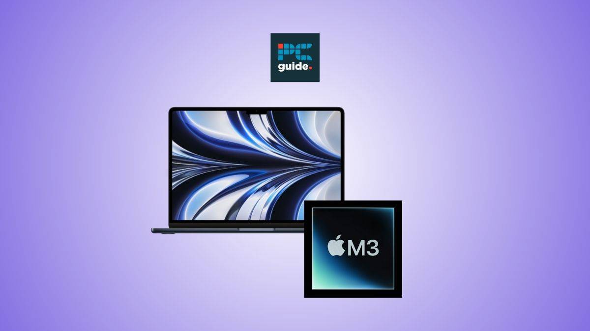 Is it worth waiting for the MacBook Air M3? Image shows the M2 MacBook Air next to the M3 logo, on a purple gradient background.