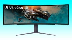 The LG Ultra Gear monitor is displayed on a blue background, available for an Amazon deal.