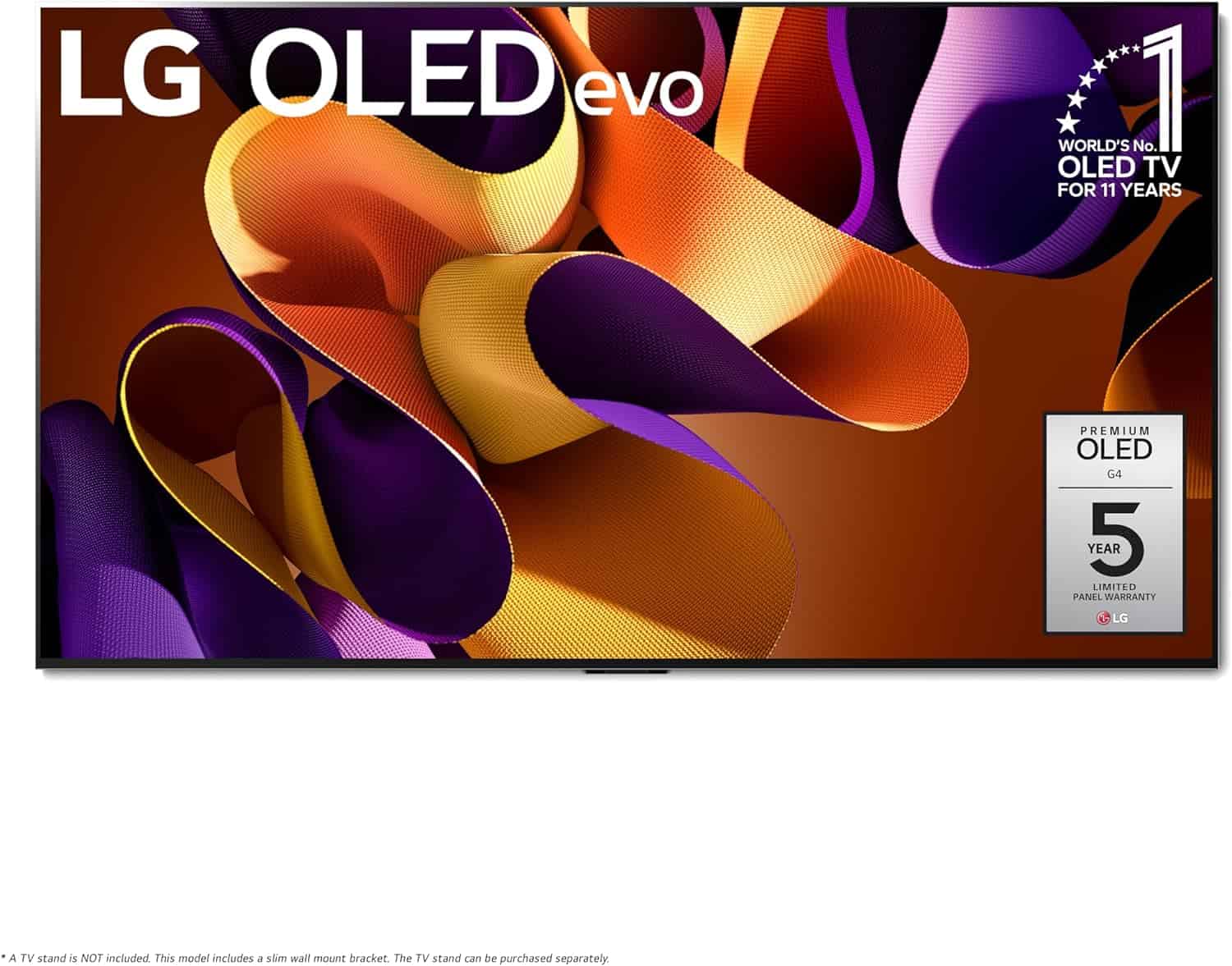 LG G4 OLED TV displaying vibrant abstract graphics with purple, orange, and yellow colors, noted for being the world's no.1 OLED brand for 11 years.