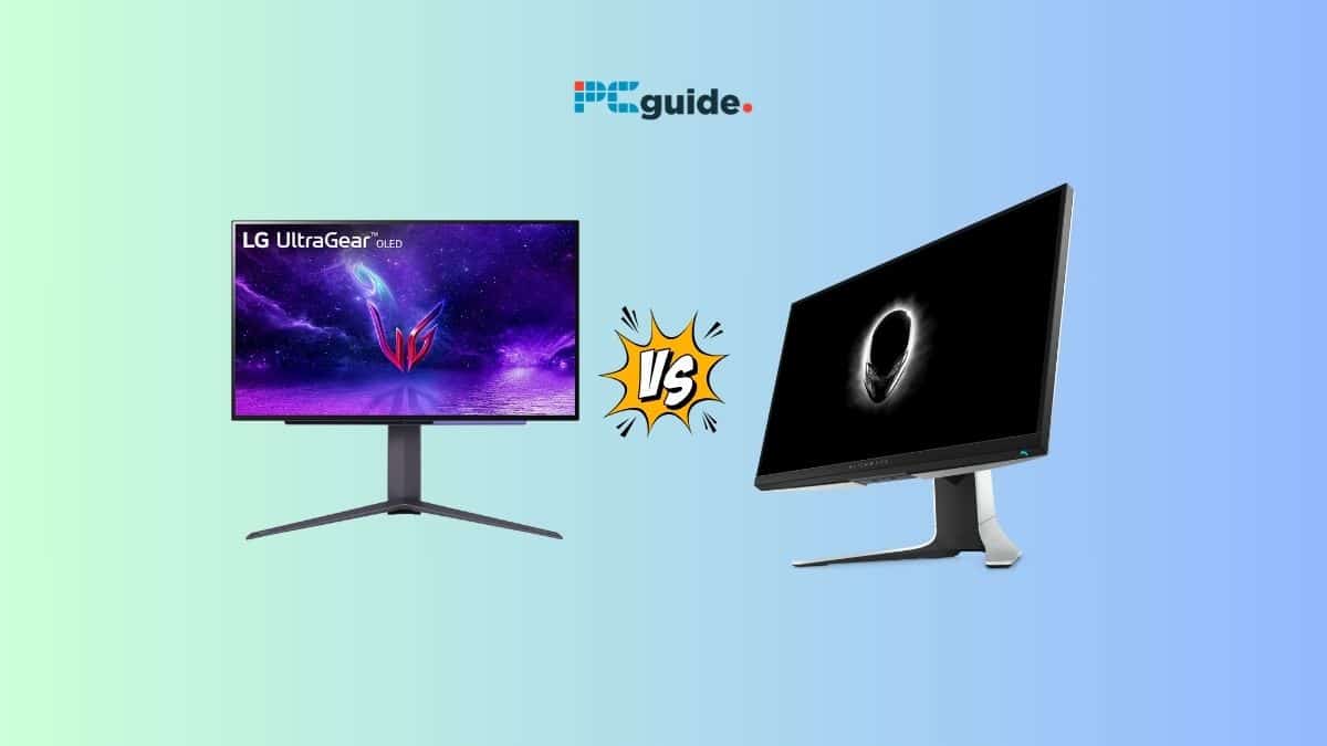 Two monitors, LG UltraGear 32GS95UE and Dell Alienware AW3225QF, side by side on a blue background.