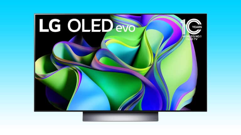 The LG C3 OLED TV is displayed on a blue background, available for purchase as an Amazon deal under $1000.